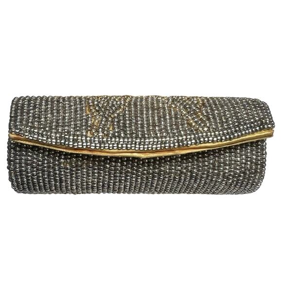 Vintage Black Silver Beaded Lipstick Case Butterfly Pattern Orange Satin Lined - Picture 1 of 6